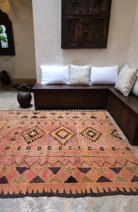 Large warm toned terracotta Vintage Boujad Moroccan rug with black and ochre motifs