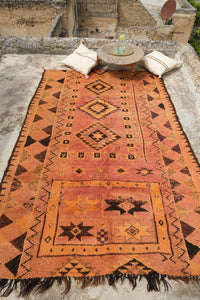 Large Warm toned terracotta Vintage Boujad Moroccan rug with black and ochre motifs