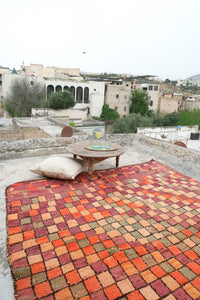 Large authentic vintage Boujad Moroccan rug checkered warm colors