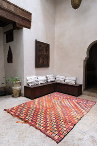 Large authentic vintage Boujad Moroccan rug checkered warm colors