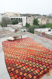 Large authentic vintage Boujad Moroccan rug checkered warm colors