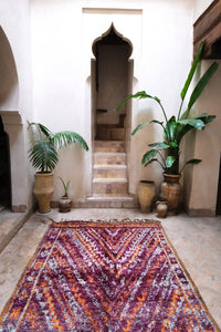 Large purple orange patterned authentic vintage Moroccan Beni M'guild rug