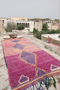 Authentic vintage Boujad wide runner purple Moroccan rug central lozenge shapes