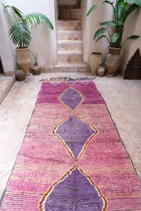 Authentic vintage Boujad wide runner purple Moroccan rug central lozenge shapes