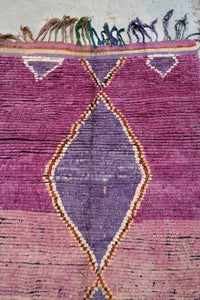 Authentic vintage Boujad wide runner purple Moroccan rug central lozenge shapes