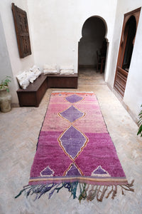 Authentic vintage Boujad wide runner purple Moroccan rug central lozenge shapes