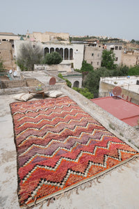 Large handmade Beni M'guild peach purple authentic vintage moroccan rug